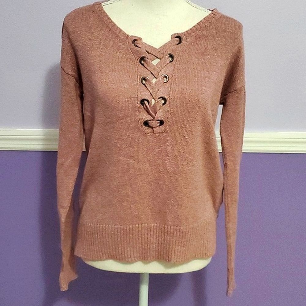 American Eagle Lagenlook Mauve Shoelace Neck Long Sleeve Oversized Sweater XS